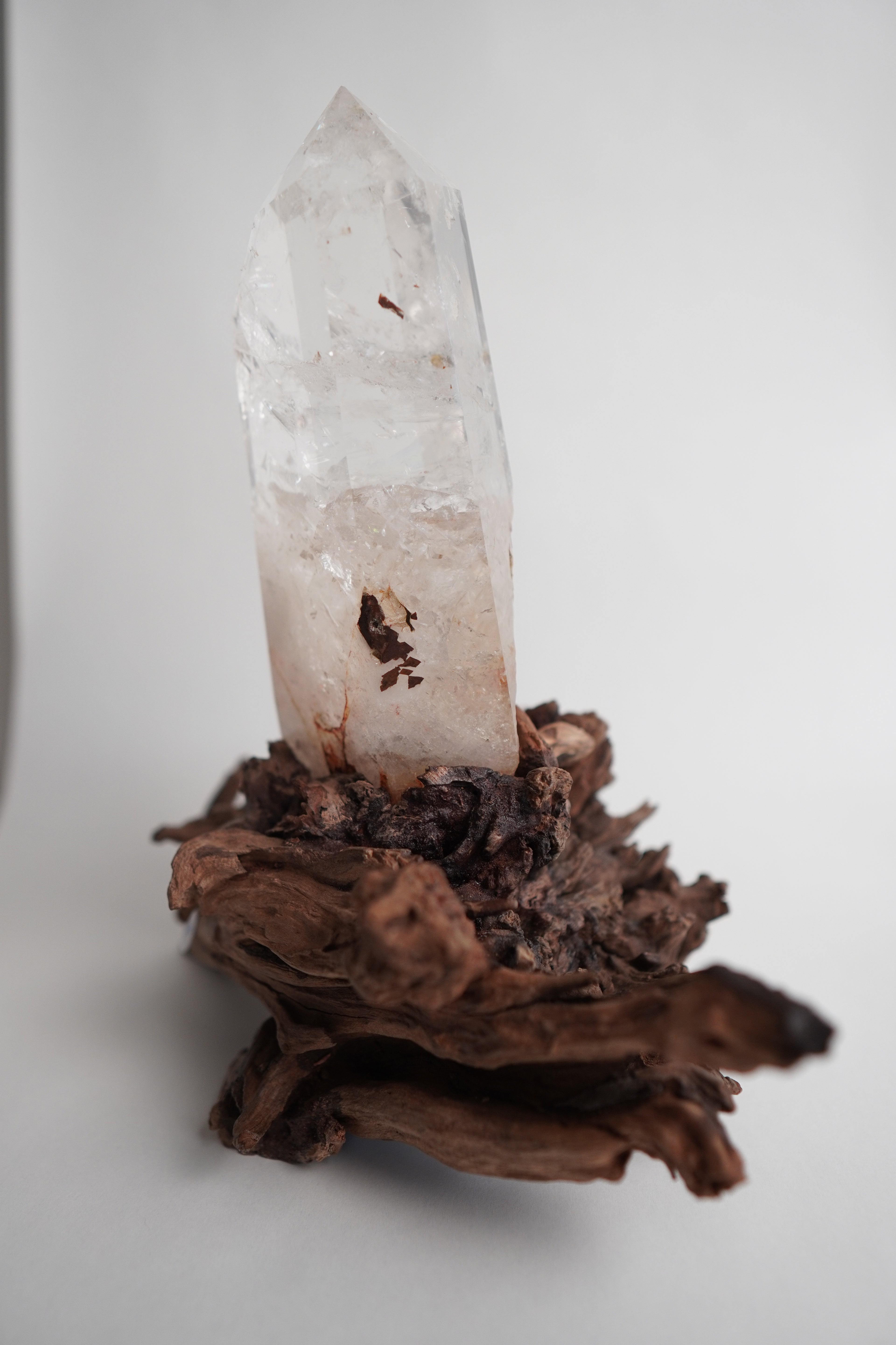 Clear Quartz Tower in Custom Wood Root Stand