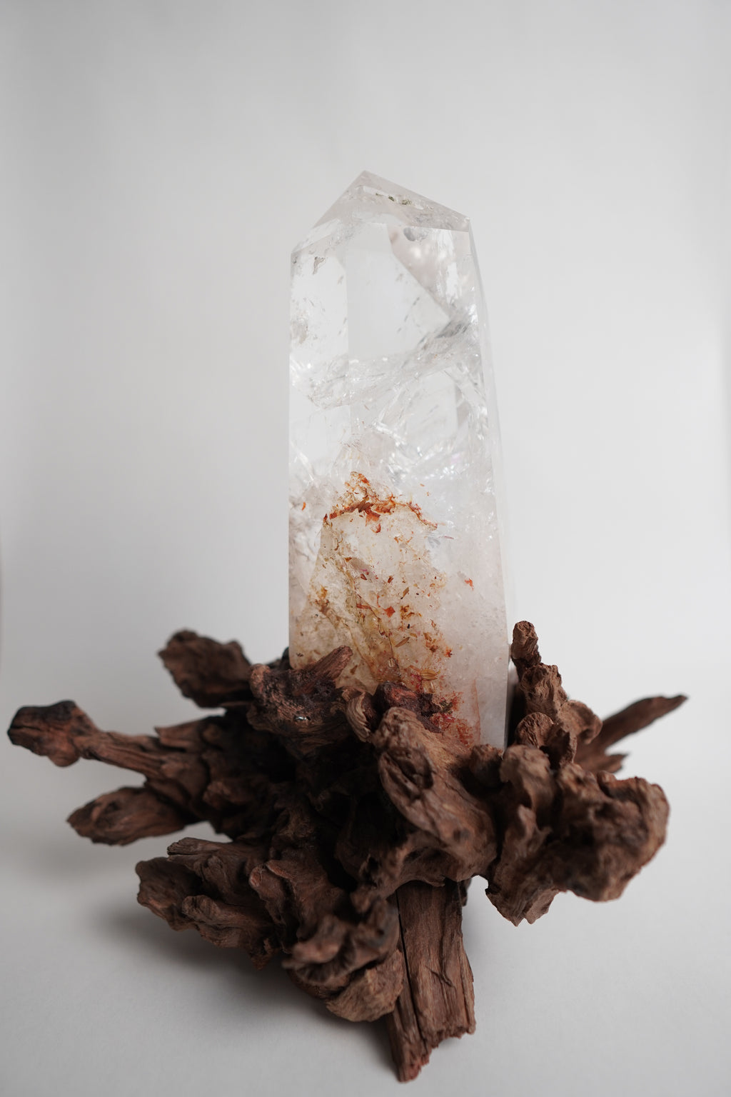 Clear Quartz Tower in Custom Wood Root Stand