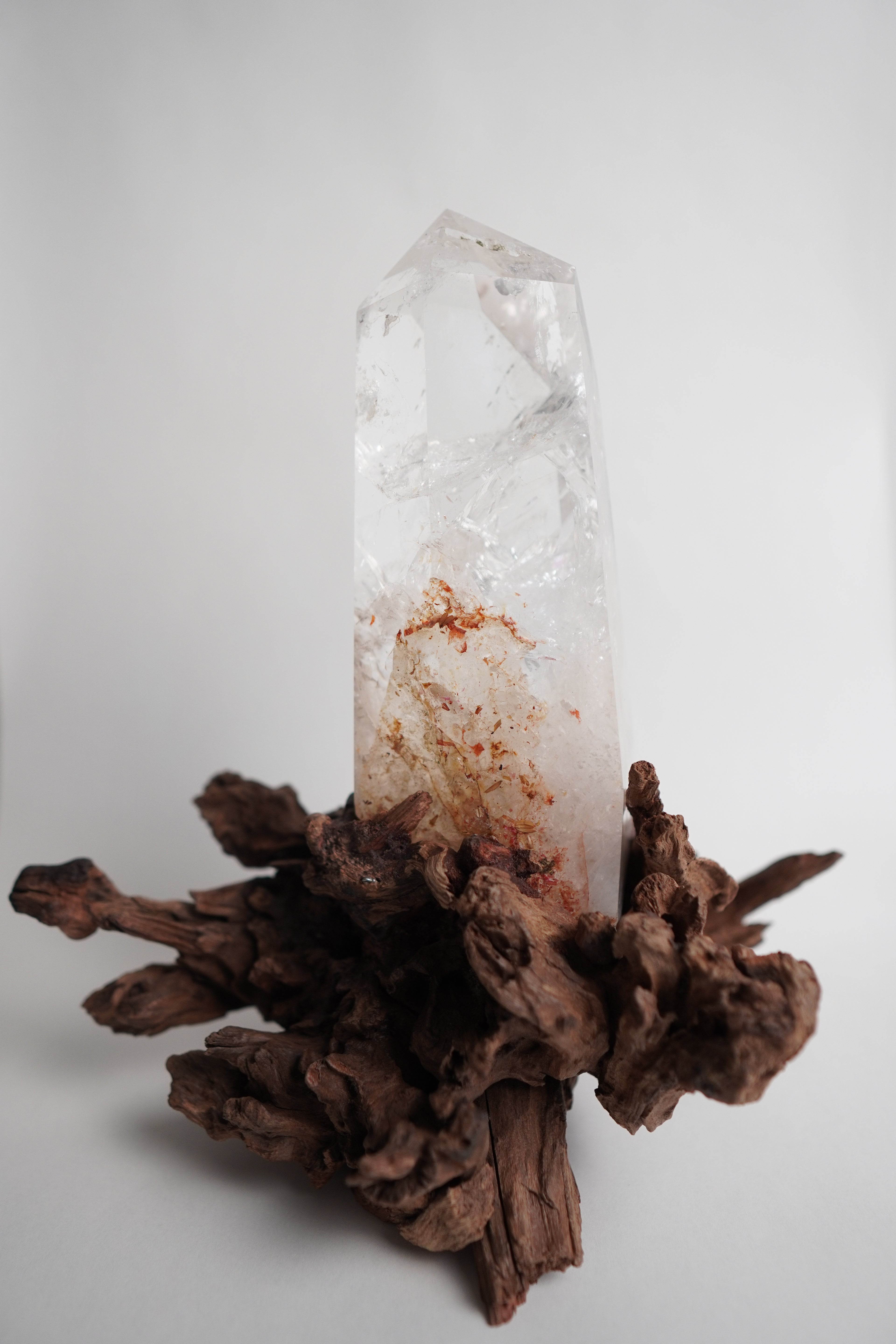 Clear Quartz Tower in Custom Wood Root Stand