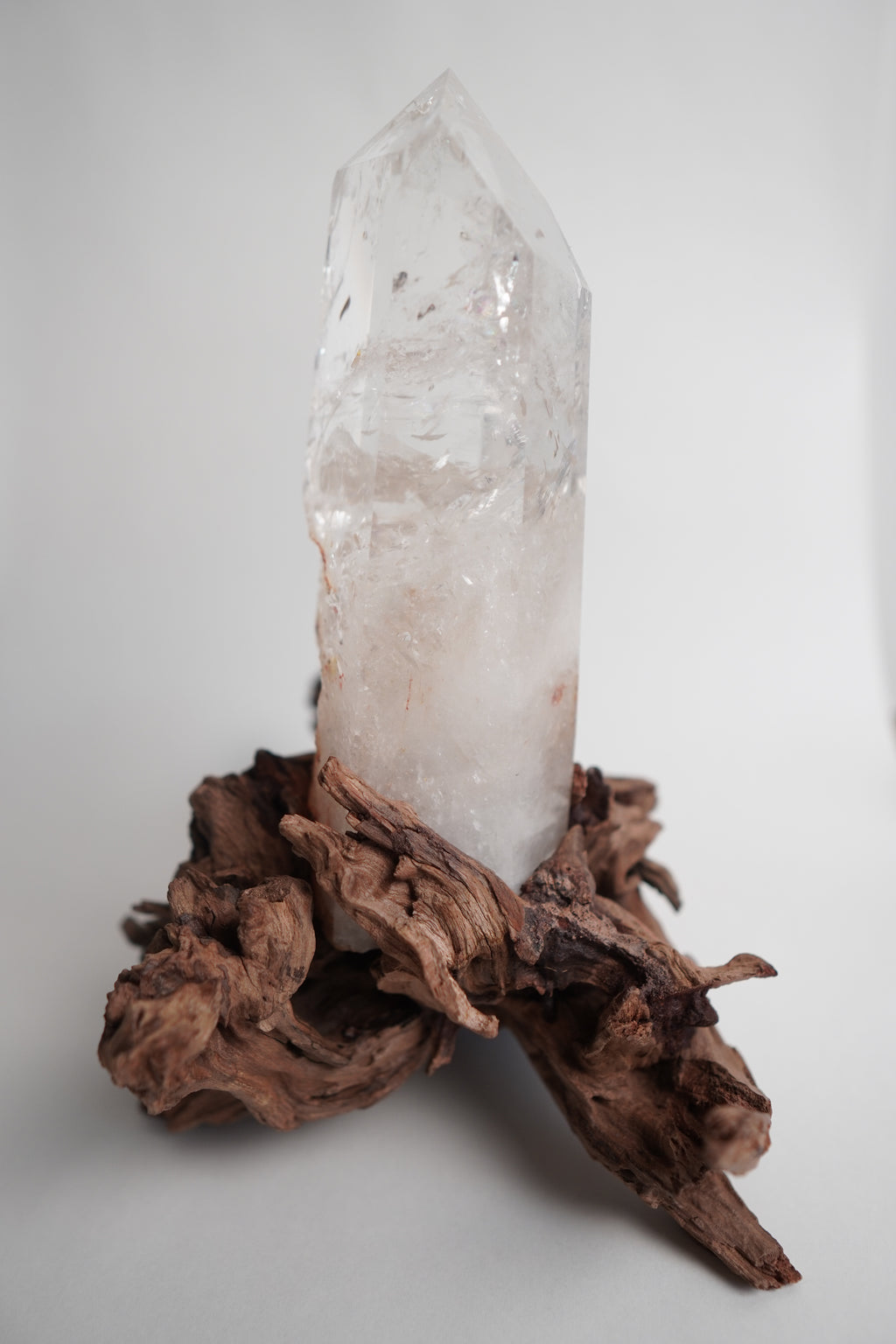 Clear Quartz Tower in Custom Wood Root Stand