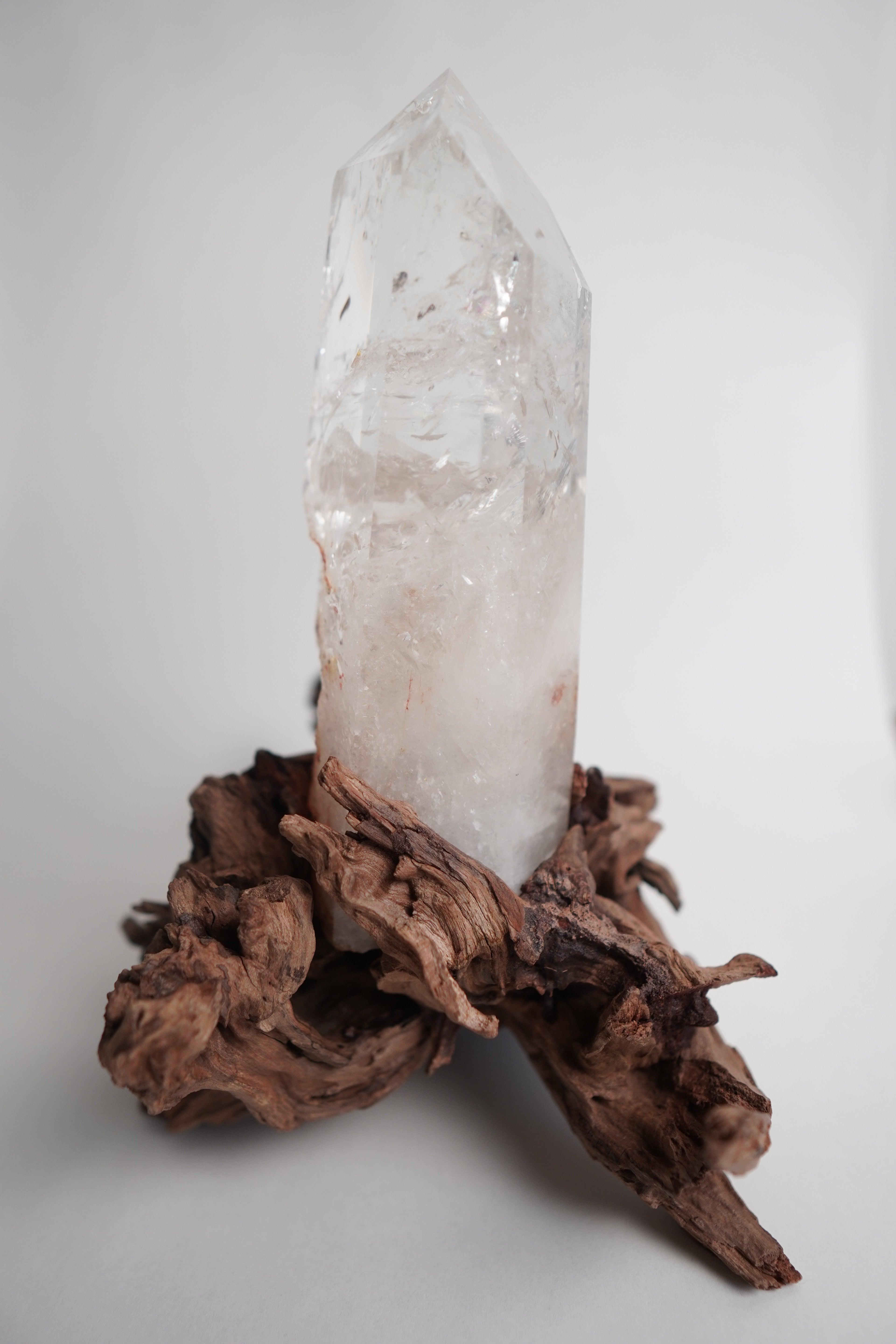 Clear Quartz Tower in Custom Wood Root Stand